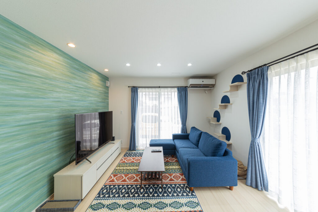 さわやかなグリーンのリビング